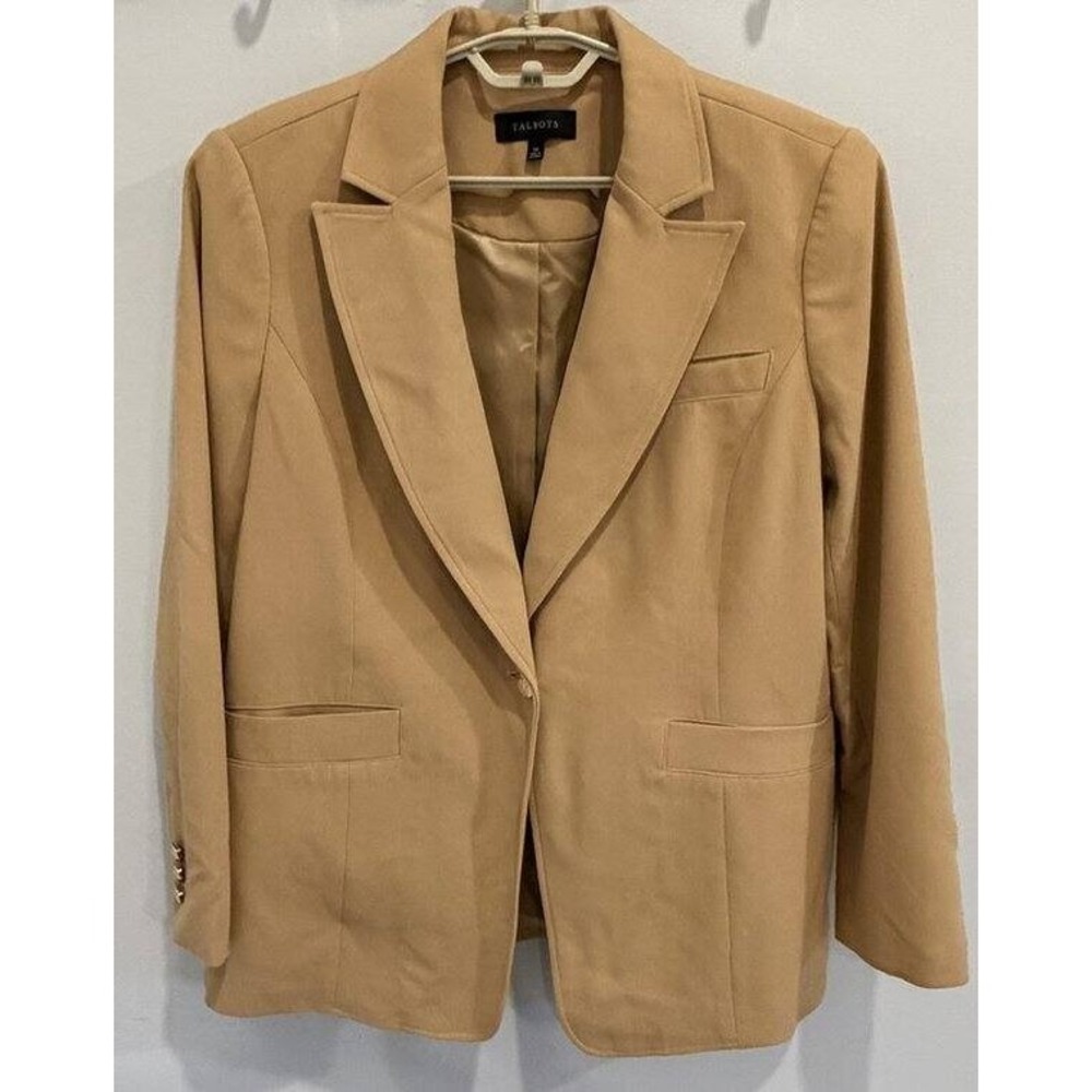 Talbots Camel Brown Stretch Career Blazer Gold Single Button Size 14